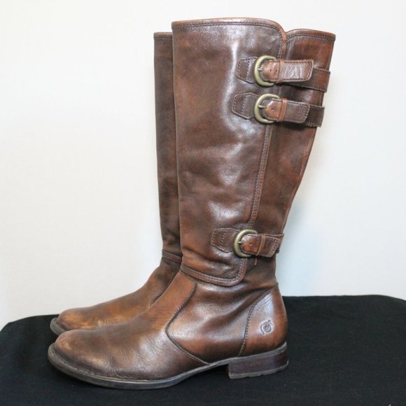 Born Shoes - Born Zip Up Buckle Tall Riding Boots Leather Brown Women's Size 8 H11638